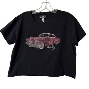 NWOT Black Crop Tee with Elvis Rhinestone Pink Cadillac, Large
